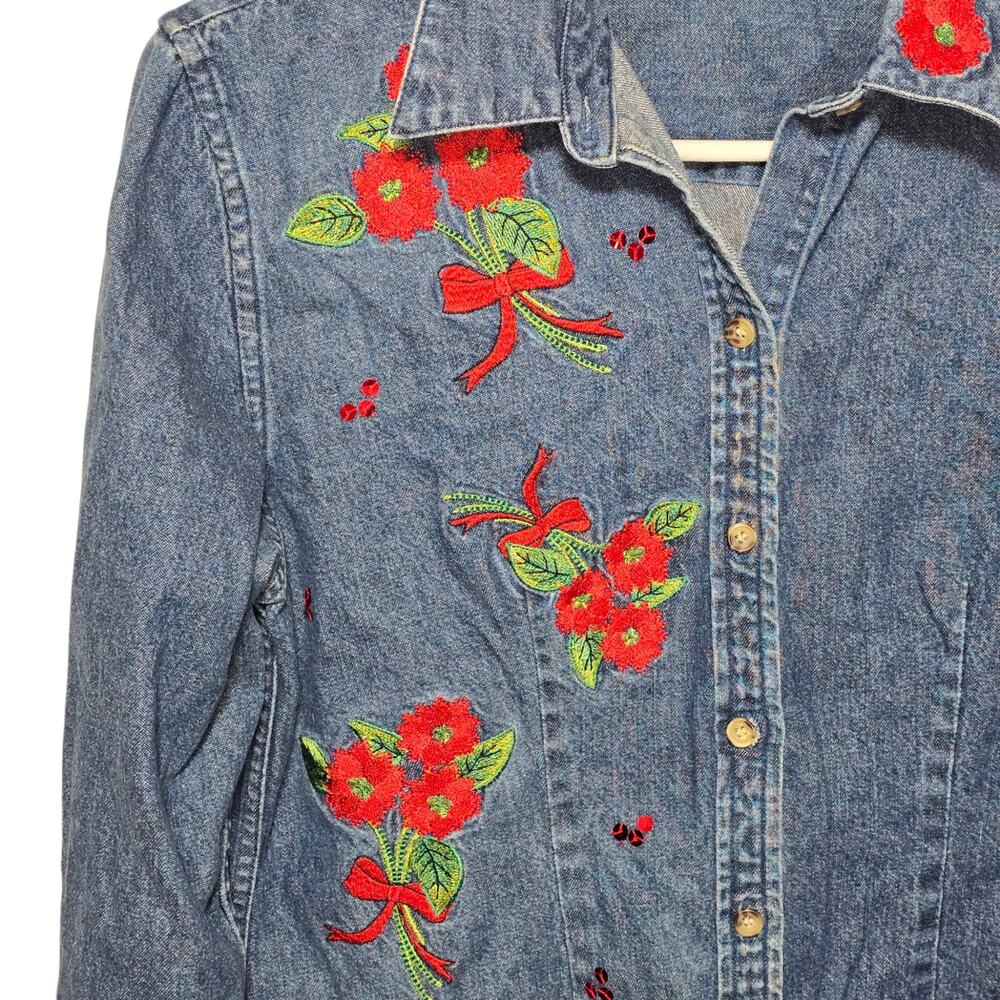 Westbound Womens Shirt Denim Top Red Flowers Embroidery Holiday School Sz M - Picture 2 of 8